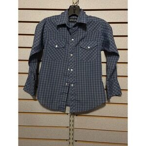 White Horse Kids Blue Plaid Long Sleeve Western Snap Shirt Size M Cowboy Rodeo